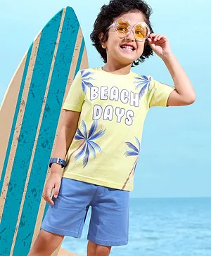 Babyhug Cotton Knit Half Sleeves T-Shirt & Short Set Beach Print - Green & Blue