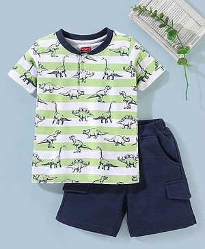 Babyhug 100% Cotton Knit Half Sleeves T-Shirt and Shorts Dino Print - Navy Blue