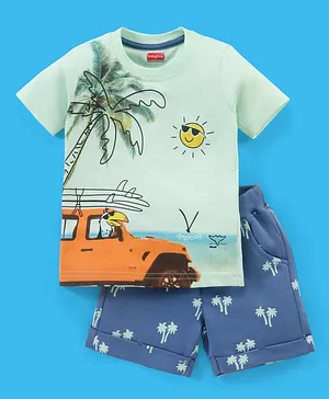 Babyhug 100% Cotton Knit Half Sleeves T-Shirt & Shorts Palm Tree Print - Navy Blue