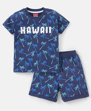Babyhug 100% Cotton Half Sleeves T-Shirt and Shorts Set Palm Tree Print - Navy Blue