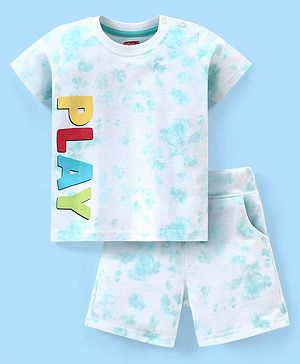 Babyhug 100% Cotton Knit Half Sleeves T-Shirt and Shorts Set Play Print - Light Blue