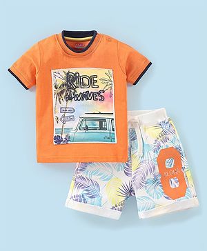 Babyhug 100% Cotton Knit Half Sleeves T-Shirt & Shorts Beach Print - Orange & White