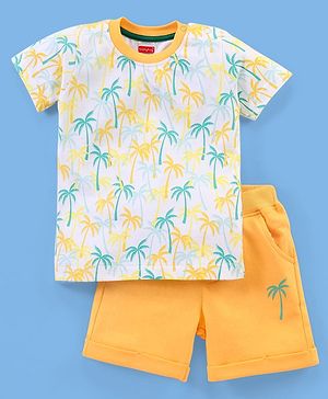 Babyhug 100% Cotton Knit Half Sleeves T-Shirt & Shorts Palm Tree Print - White & Mustard Yellow