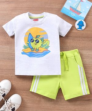 Babyhug Cotton Half Sleeves T-Shirt & Shorts Set Stripes & Apple Print- Ecru Melange Green