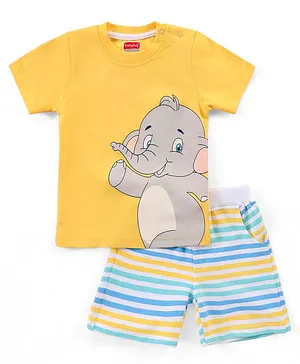 Babyhug 100% Cotton Knit Half Sleeves Elephant Printed T-Shirt & Striped Shorts - Yellow & Multicolor
