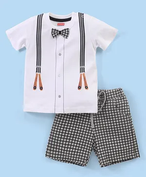 Babyhug 100% Cotton Knit Half Sleeves Suspender Printed T-Shirt & Checked Shorts with Bow  - White & Black