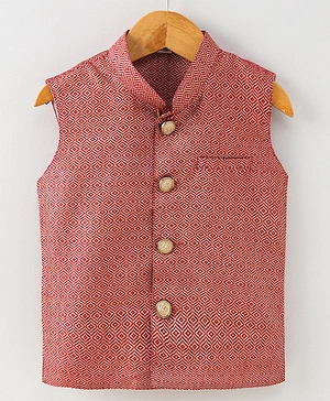 Pehanaava Sleeveless All Over Woven Design Detailed Nehru Jacket - Red