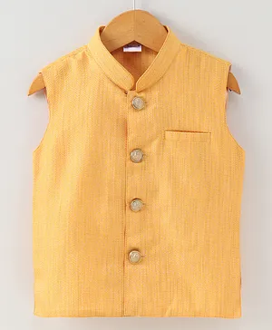 Pehanaava Sleeveless All Over Woven Design Detailed Nehru Jacket - Yellow
