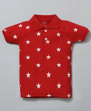 Kiwi 100% Cotton Half Sleeves All Over Stars Printed Polo Tee - Red
