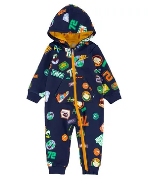 Nike Full Sleeves All Over Earth With Marshmallow & Shoe Printed Hooded Romper - Navy Blue