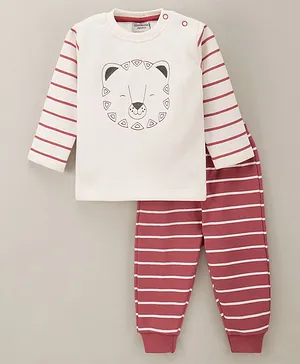 Wonderchild Full Sleeves Tiger Printed Tee With Coordinating Rugby Striped Pant - Maroon
