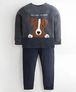 Cherry Crumble By Nitt Hyman Full Sleeve Dog Detail Polar Fleece Pullover Night Suit - Grey Blue