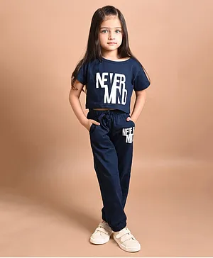 Lilpicks Couture Half Sleeves Never Mind Printed Top & Joggers Set - Navy Blue