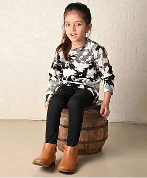 Lilpicks Couture Full Sleeves Tie & Dyed Sweatshirt With Leggings Set - Black & White