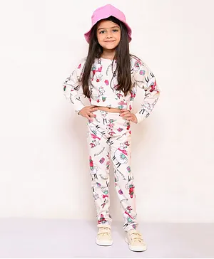 Lilpicks Couture Full Sleeves Farm Animals  Printed Crop Sweatshirt & Leggings Set - Light Beige