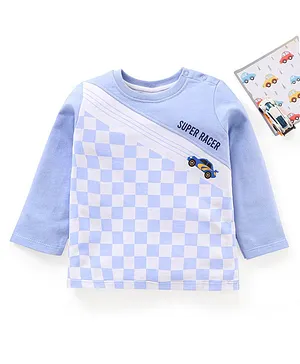 Babyhug Cotton Full Sleeves Light Winter Wear Checks & Car Print T-Shirt - Blue
