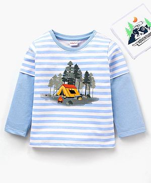Babyhug Cotton Knit Full Sleeves Striped Winter Wear T-Shirt - White Blue