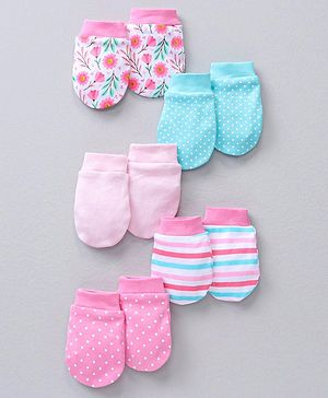 Babyhug 100% Cotton Mittens Striped & Floral Print Pack Of 5 - Multicolor