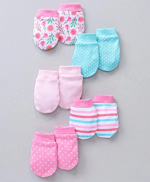 Babyhug 100% Cotton Mittens Striped & Floral Print Pack Of 5 - Multicolor