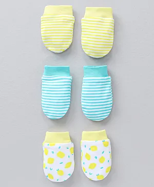 Babyhug 100% Cotton Mittens Striped & Lemon Print Pack Of 3 - Multicolor