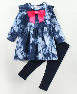 CrayonFlakes Full Sleeves Design Detail Polar Fleece Dress With Legging Set - Navy Blue