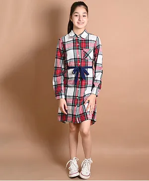 Lilpicks Couture Full Sleeves Plaid  Checkered Button Down Shirt Dress - Red & White