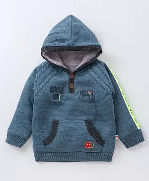 Yellow Apple Cotton Knit Full Sleeves Hooded Sweatshirt - Blue