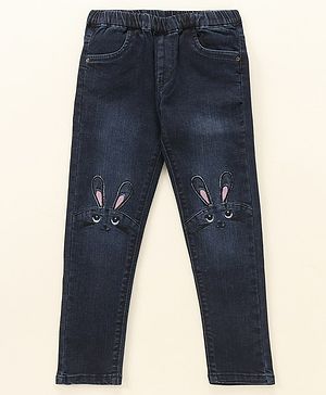 Babyhug Cotton Lycra Full Length Jeggings Bunny Print - Blue