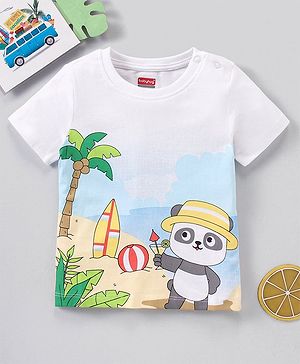 Babyhug Cotton Half Sleeves T-Shirt Panda Print - White and Blue