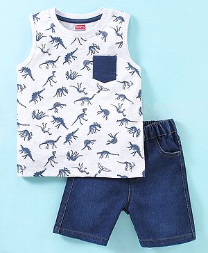 Babyhug Cotton Knit Sleeveless T-Shirt & Denim Shorts Dino Print - Ecru Melange & Blue