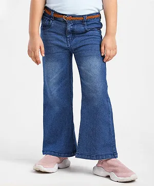 Babyhug Cotton Washed Denim Solid Full Length Jeans With Belt- Blue