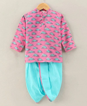 Teentaare Cotton Full Sleeves Kurta Dhoti Set Vintage Car Print - Pink Blue