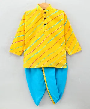 Teentaare Cotton Full Sleeves Kurta & Dhoti  Set Leheriya Print - Yellow