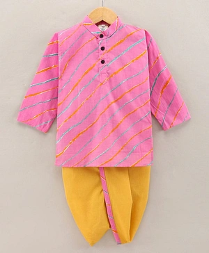 Teentaare Cotton Full Sleeves Kurta & Dhoti  Set Leheriya Print - Pink Yellow
