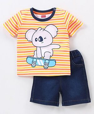 Babyhug Cotton Knit Half Sleeves Striped T-Shirt & Denim Shorts Set Skating Koala Print - Orange Yellow & Blue