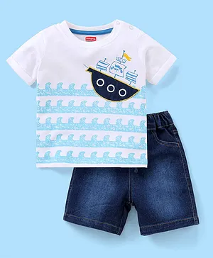 Babyhug Cotton Half Sleeves T-Shirt and Knee Length Shorts Ship Print - White