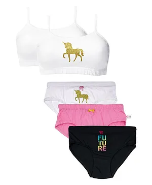 D'chica Pack Of 5 Puberty Essentials Set Of 3 Panties & 2 Beginner Bras - White Pink & Black