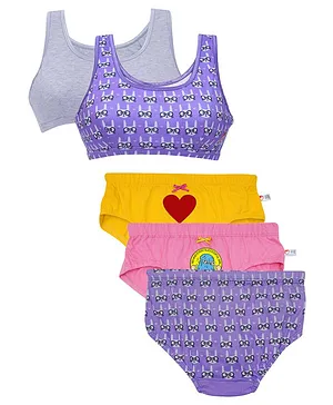 D'chica Pack Of 5 Puberty Essentials Set Of 3 Panties & 2 Beginner Bras - Lavender Yellow & Pink