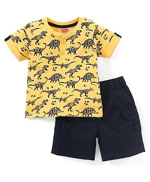 Babyhug 100% Cotton Woven Half Sleeves T-Shirt & Shorts Set Dino Print - Yellow & Navy