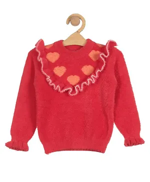 Lil Lollipop Full Sleeves Heart & Ruffle Design Detailed Pullover Sweater - Red
