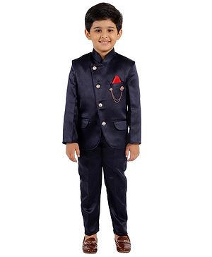 Fourfolds Full Sleeves Jodhpuri Blazer Suit & Pant - Navy Blue