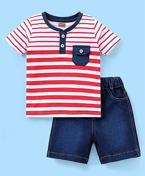 Babyhug Cotton Half Sleeves T-Shirt and Knee Length Shorts Striped - Red & Blue