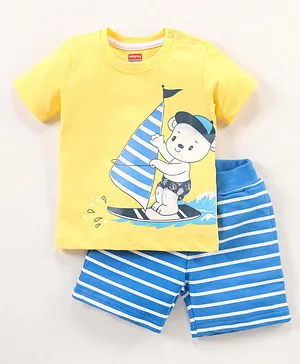 Babyhug 100% Cotton Knit Half Sleeves Surfing Bear Printed T-Shirt & Striped Shorts  - Yellow & Blue