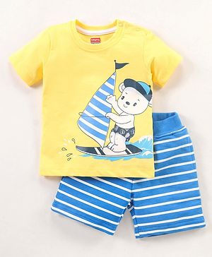 Babyhug 100% Cotton Knit Half Sleeves Surfing Bear Printed T-Shirt & Striped Shorts  - Yellow & Blue