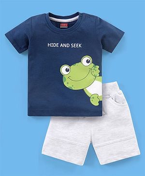 Babyhug Cotton Half Sleeves T-Shirt & Shorts Frog Print - Navy & White