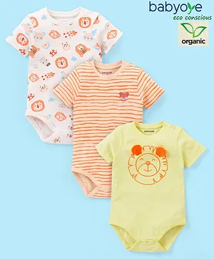 Babyoye 100% Organic Cotton with Eco Jiva Finish Half Sleeves Stripes & Lion Print Pack of 3 - White Orange & Yellow