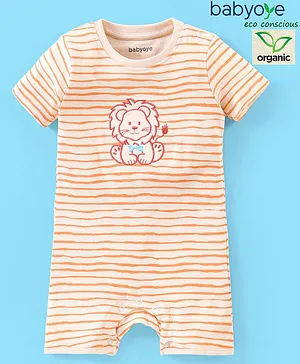 Babyoye 100% Organic Cotton With Eco Jiva Finish Half Sleeves Rompers Stripes & Lion Print- Orange