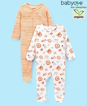 Babyoye 100% Organic Cotton Full Sleeves Sleep Suit Lion & Stripes Print Pack of 2- Orange
