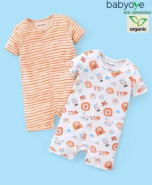 Babyoye 100% Organic Cotton With Eco Jiva Finish Half Sleeves Rompers Stripes & Lion Print Pack of 2- Orange & White
