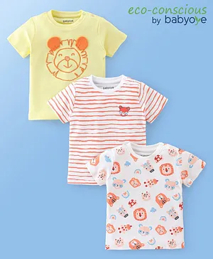 Babyoye 100% Organic Cotton with Eco Jiva Finish Half Sleeves Striped T-Shirt Lion Print Pack Of 3 - Yellow Orange & White